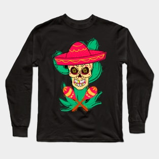 Mexican sugar skull with hat and maracas. Long Sleeve T-Shirt